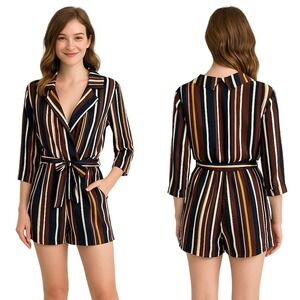Forever 21‎ Jumpsuit Size Medium Striped Navy Brown Mustard Collared Belted Boho